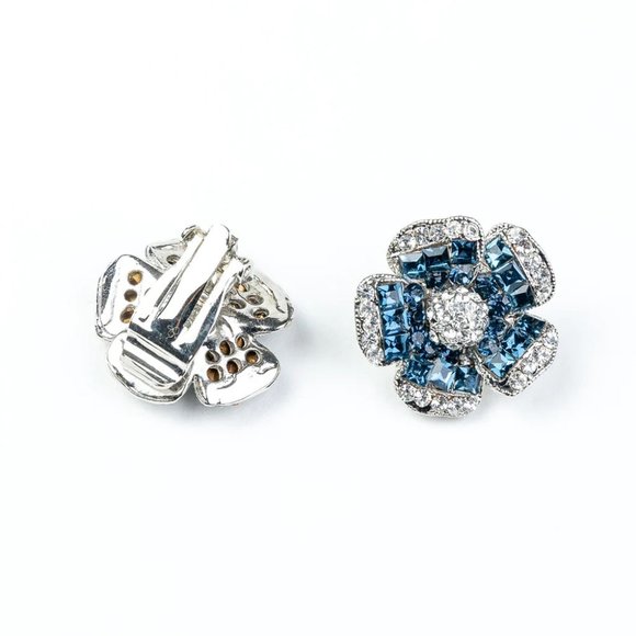 Kenneth Jay Lane, Rhinestone and Sapphire Flower Clip  KENNETH JAY LANE, RHINESTONE AND SAPPHIRE FLOWER CLIP EARRINGS